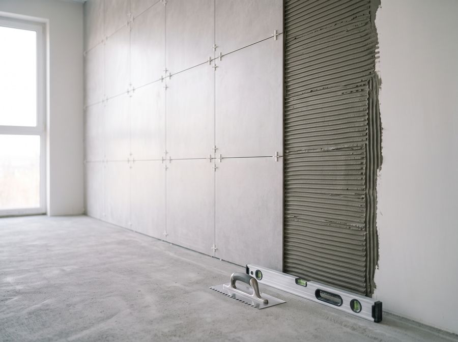 Zur Hälfte geflieste Wand mit Fugenkreuzen, daneben der aufgekämmte Fliesenkleber