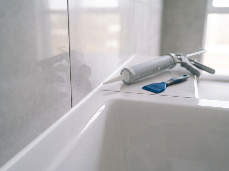 Sauber gezogene Silikonfuge zwischen Badewanne und Fliesenwand, daneben Kartuschenpresse und Fugenspachtel