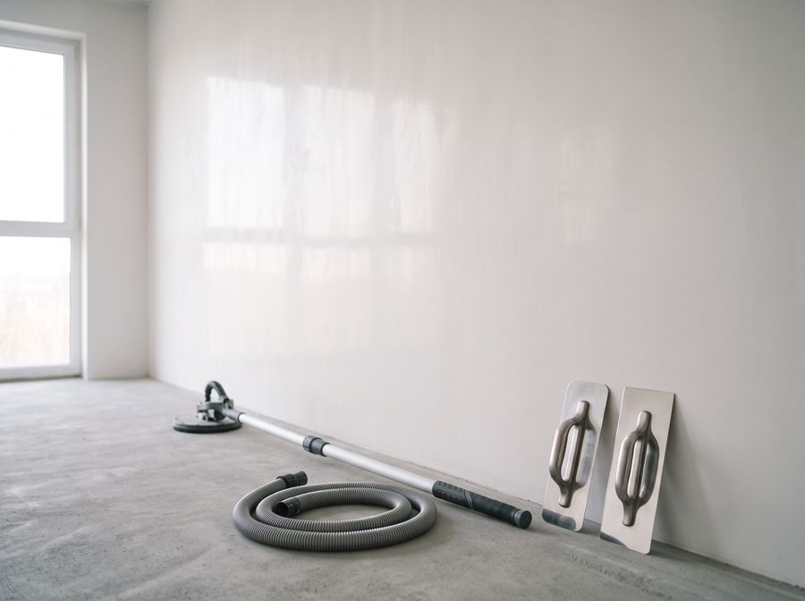 Fertig gespachtelte, glatt geschliffene Wand im Streiflicht, davor ein Deckenschleifer und zwei Glättekellen