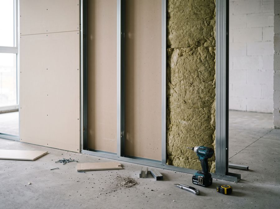 Ständerwerk aus Metallprofilen, zur Hälfte mit Gipskartonplatten beplankt, im offenen Feld die Dämmung